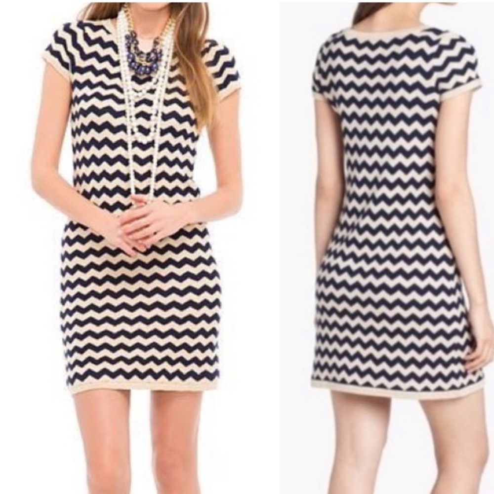 Lilly Pulitzer Santana Navy Metallic Gold Chevron Sweater Sheath Slip Dress - S